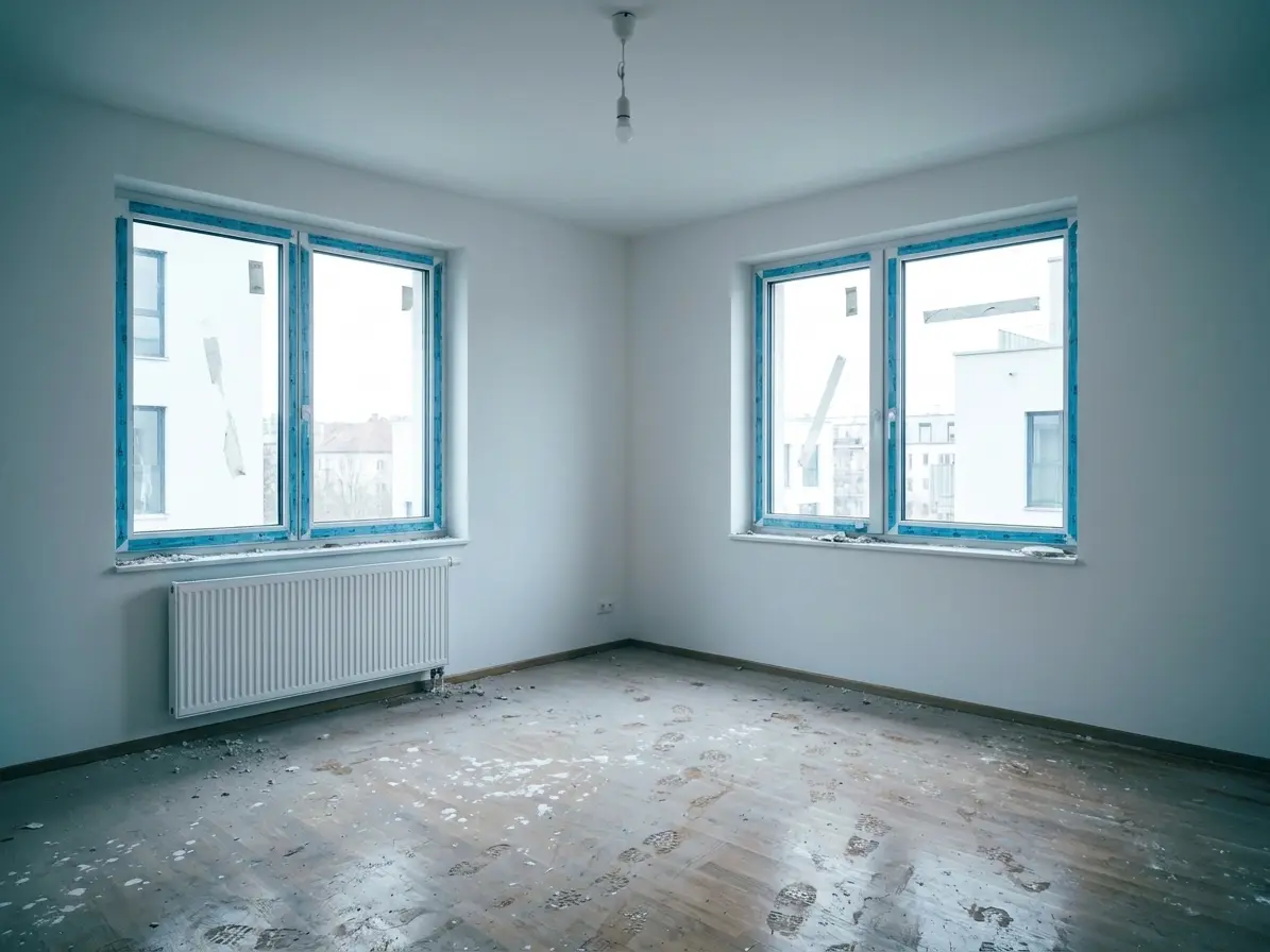 Neubauzimmer voller Baustaub, Farbflecken und Schutzfolien