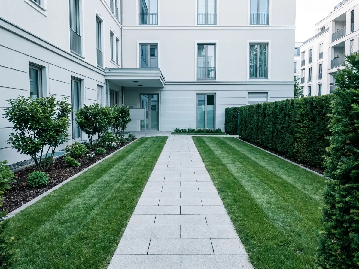 Gepflegter Vorgarten mit gemähtem Rasen und geschnittener Hecke