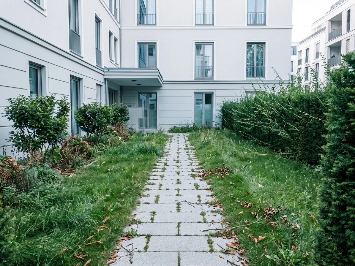 Verwilderter Vorgarten mit hohem Gras und Unkraut