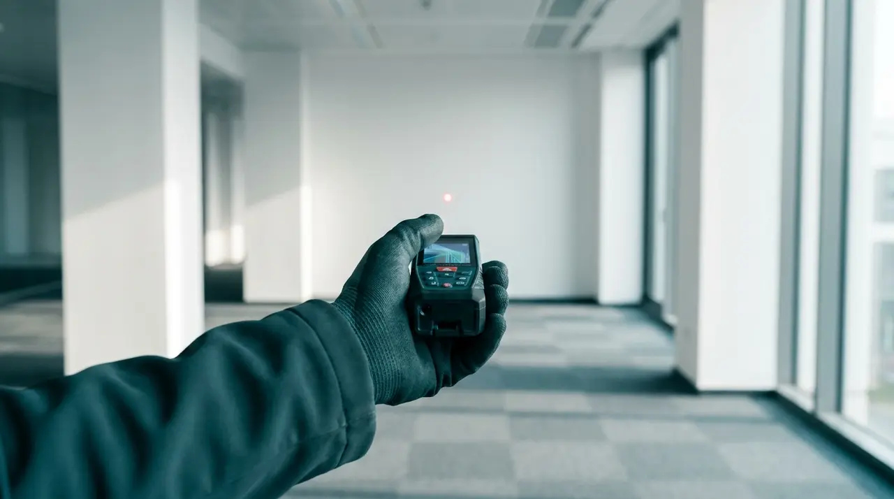 Hand mit Laser-Entfernungsmesser in einem leeren Büro