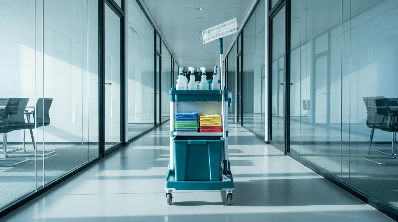 Ausgestatteter Reinigungswagen in einem hellen Büroflur