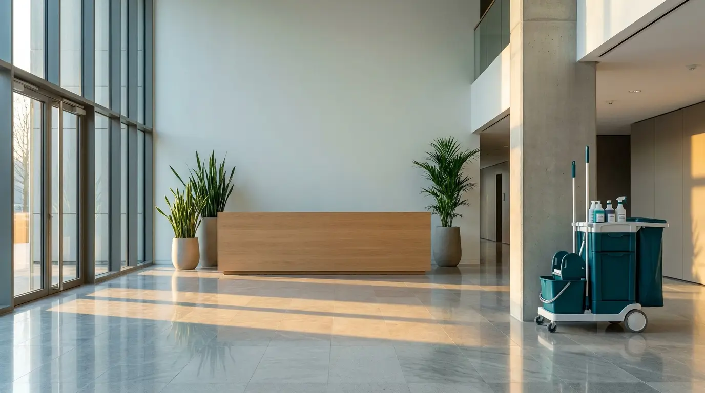 Helle Bürolobby am Morgen mit Reinigungswagen