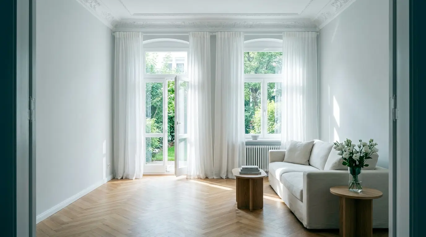 Helles, frisch gereinigtes Altbau-Wohnzimmer